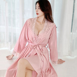 Ice silk nightgown for women summer sexy V-neck lace long-sleeved suspender nightgown hollow backless palace pure desire home wear