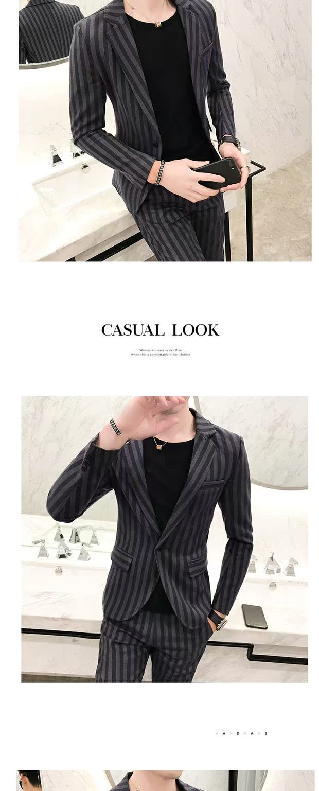 Bộ đồ vest nam ba mảnh phù hợp với Hàn Quốc Slim cổ điển sọc nóng miễn phí khóa đơn đêm làm việc nhỏ phù hợp với thủy triều quần nam