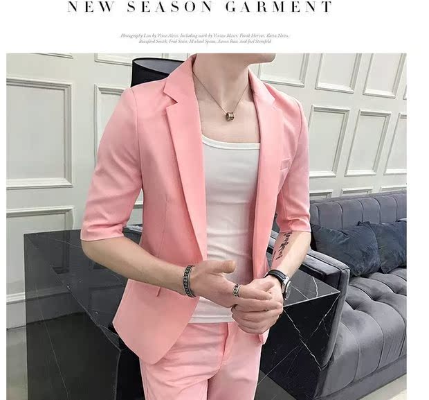 Bộ đồ ngắn tay nam phù hợp với phiên bản nam Hàn Quốc màu rắn Slim là quần lửng ống sắt không tay chín màu sơ mi nam