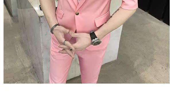 Bộ đồ ngắn tay nam phù hợp với phiên bản nam Hàn Quốc màu rắn Slim là quần lửng ống sắt không tay chín màu sơ mi nam