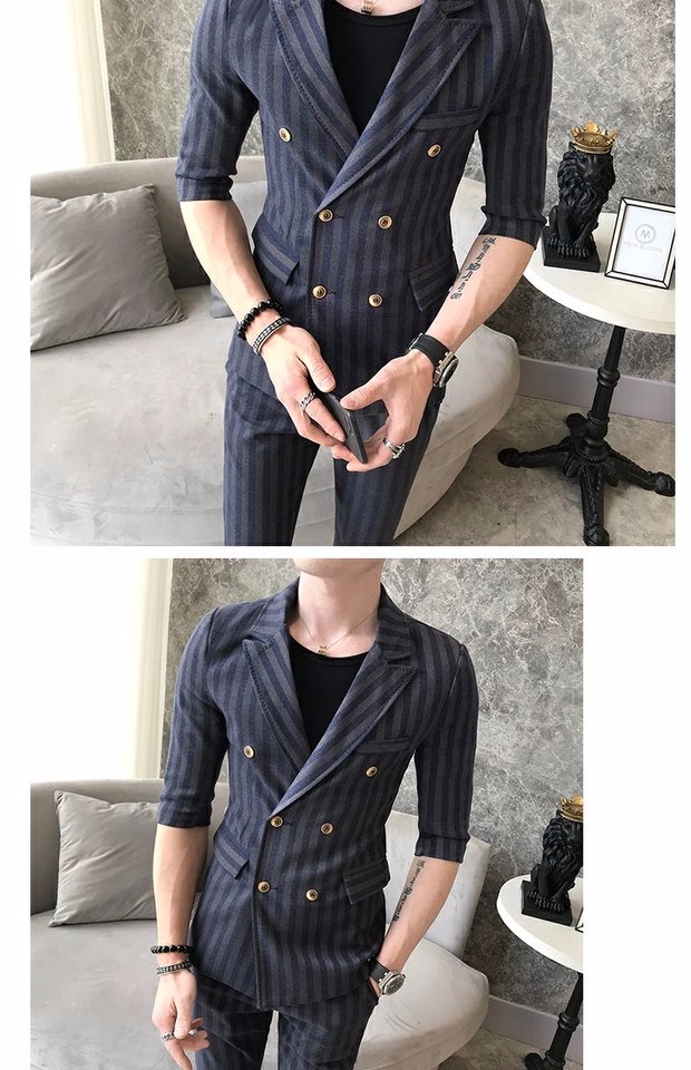 Bộ đồ ngắn tay phù hợp với nam Slim cá tính sọc khâu miễn phí đôi ngực nóng bỏng cơ thể thanh niên làm việc phía tây vest nam hàn quốc
