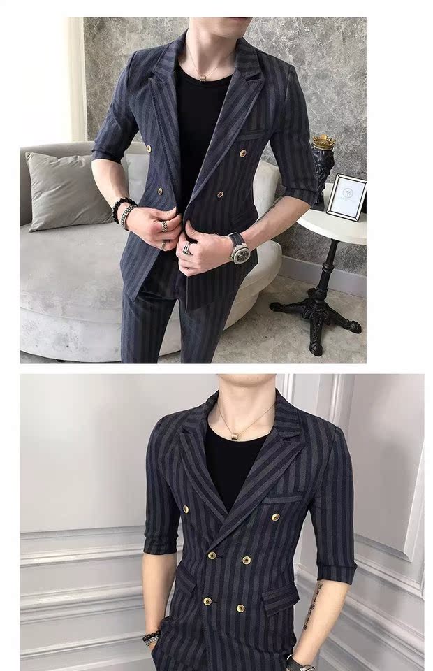 Bộ đồ ngắn tay phù hợp với nam Slim cá tính sọc khâu miễn phí đôi ngực nóng bỏng cơ thể thanh niên làm việc phía tây vest nam hàn quốc