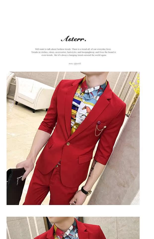 Bộ đồ ngắn tay nam phù hợp với phiên bản nam Hàn Quốc màu rắn Slim là quần lửng ống sắt không tay chín màu sơ mi nam