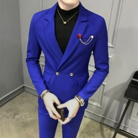 Bộ đồ vest nhỏ nam mỏng mảnh hai mảnh miễn phí hot hai đôi ngực rắn màu thanh đêm bộ vest nam thời trang