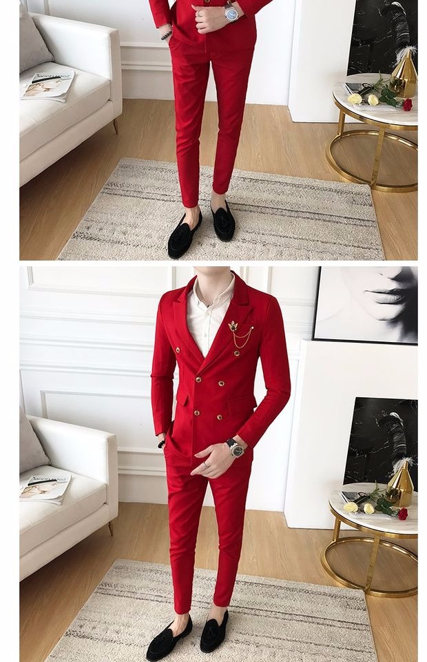 Bộ đồ nhỏ màu đỏ nam phù hợp với áo dài tay phiên bản Hàn Quốc của người đẹp trai đẹp trai nóng bỏng đôi đêm miễn phí để làm việc với bộ đồ mỏng bộ vest nam trẻ trung