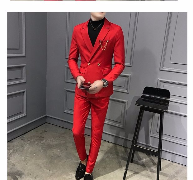 Bộ đồ vest nam tự canh bốn mùa dài tay màu rắn miễn phí hai mảnh hai mảnh khóa đôi đêm thanh công sở quần áo phù hợp thoi trang nam
