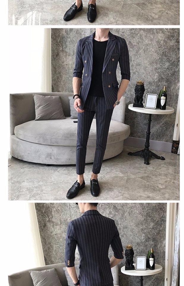 Bộ đồ ngắn tay phù hợp với nam Slim cá tính sọc khâu miễn phí đôi ngực nóng bỏng cơ thể thanh niên làm việc phía tây vest nam hàn quốc