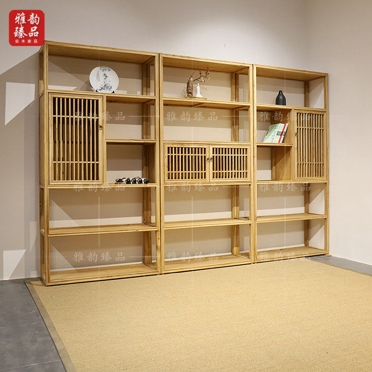 Chinese-style simple Zen original solid wood bookcase bookcase combination old elm paint-free tea storage shelf custom-made
