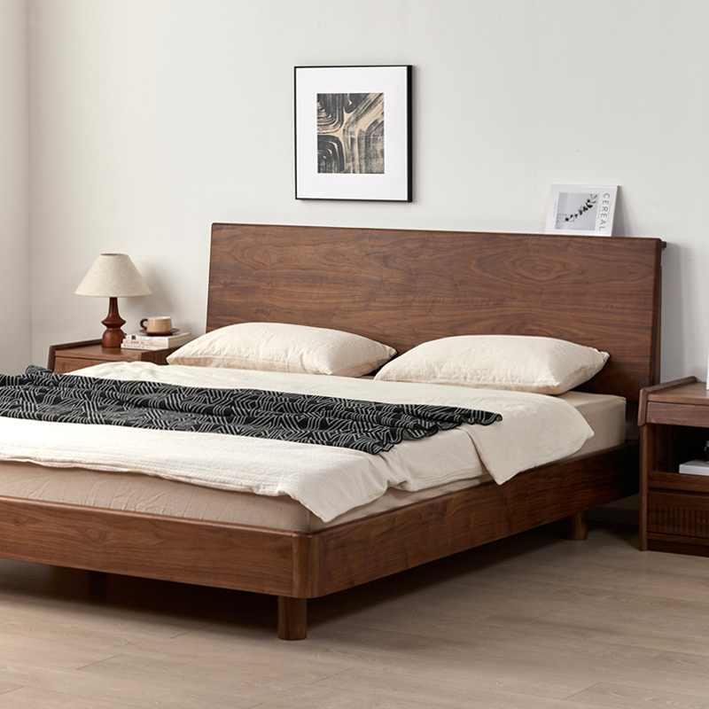North American Black Walnut Solid Wood Double Bed, Simple Modern Master Bedroom 1.68m Floating Bed, Large Log Bed