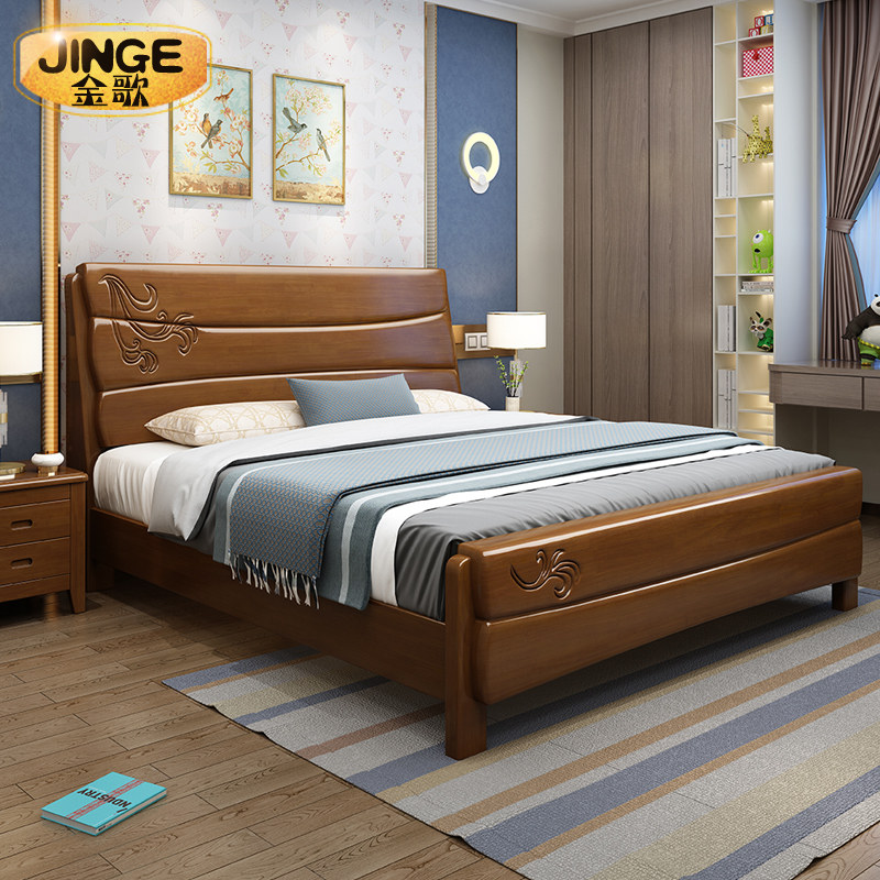 Solid wood bed Modern simple double bed 1 8 meters Chinese economy rental room Single bed 1 5 meters master bedroom wedding bed