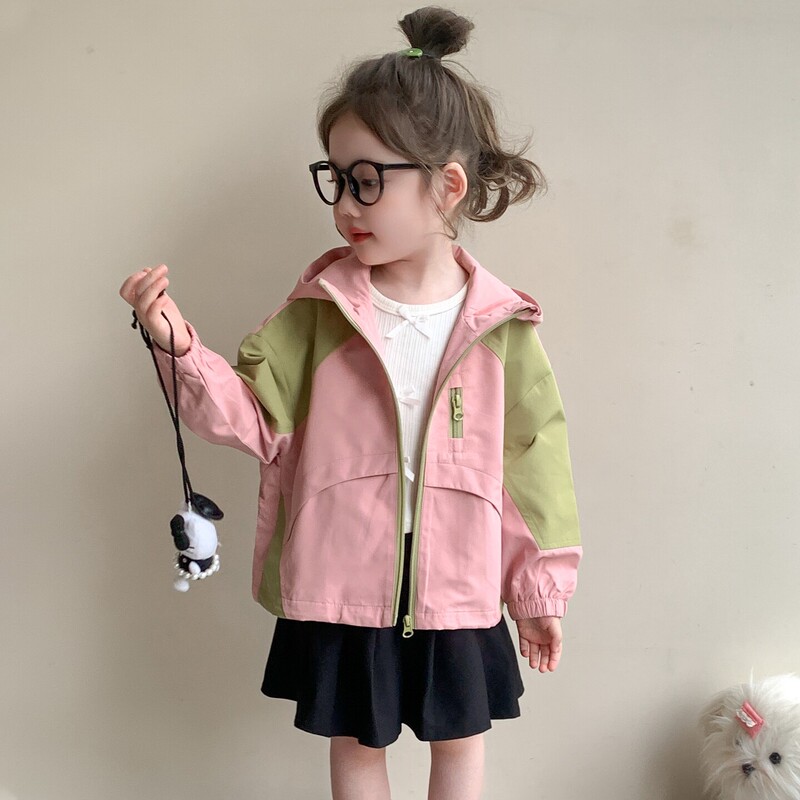 Girls' Windbreaker Jacket, Spring and Autumn 2026 New Style, Hooded, Color-Blocking, Korean Style, Fashionable, Casual Zip-Up Cardigan Windbreaker