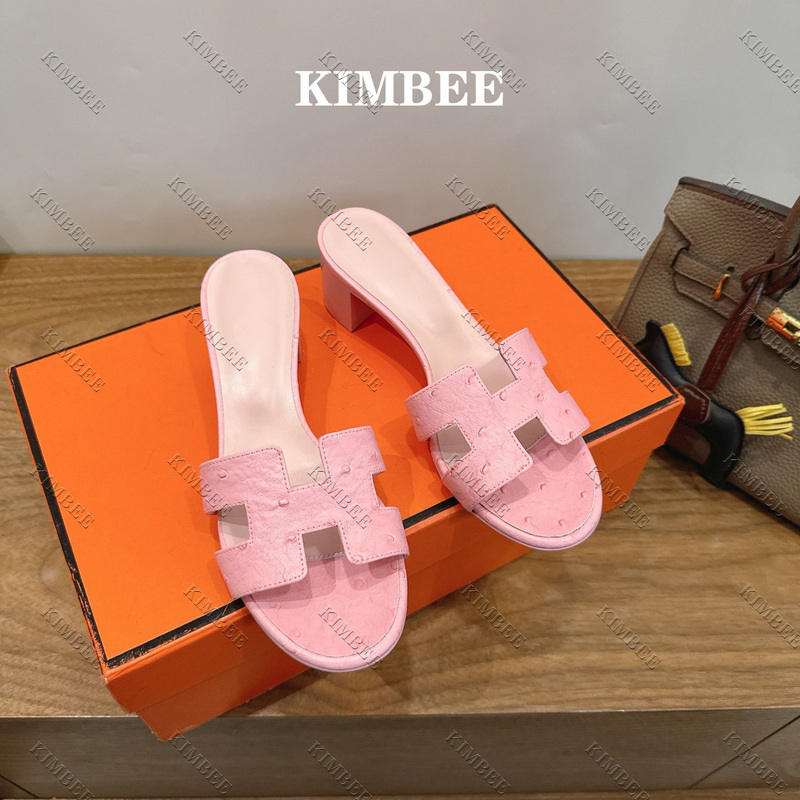 Export International Orders Genuine Leather Slip-On Sandals for Women, Summer Outdoor Wear, Chunky Heel, Versatile Ostrich Pattern Sandals, Pink High Heels