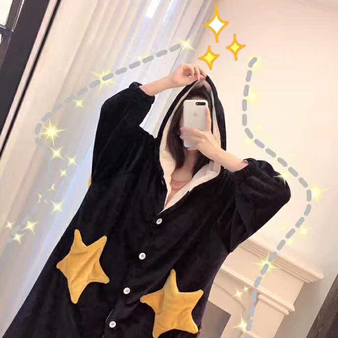 Áo mới dễ thương ngôi sao dài dài dày ấm áp flannel phụ nữ mang thai đôi có thể mặc đồ ngủ phục vụ nhà mùa đông đồ ngủ 2 dây
