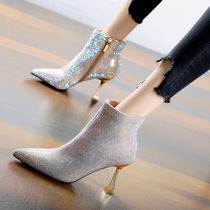 European And European Sexy Nightfield Water Drill Fine Heel Short Boots Lady 22 Autumn Winter New Custard Plus Suede Wedding Shoes Martin Boots High Heel Boots