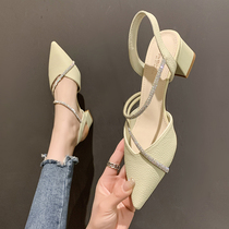 2022 Korean version Summer light-cooked temperament High heels Shoes Shallow Mouth Art Gentle Sandals 100 Hitch Pointed Water Drill Single Shoe Woman
