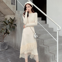 Europe station 2020 autumn and winter new lace knitted base dress womens long waist thin sweater skirt