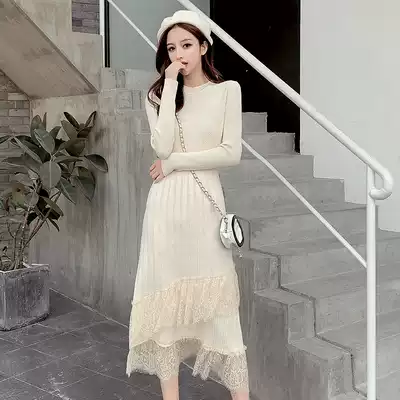 European station 2020 autumn and winter clothing new lace knitted inner dress women's medium and long version of the waist is thin sweater skirt