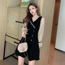 European station womens clothing European goods tide mesh stitching fungus edge temperament dress Fashion thin dress small black dress autumn