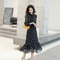 European station ear side dress early autumn new floral black mid-length dress womens lapel long sleeve a-line skirt