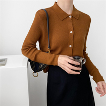Europe station 2020 autumn new Korean version short-sleeved lapel cardigan sweater womens solid color casual sweater