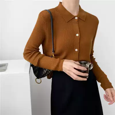 European station 2020 Autumn New Korean short long sleeve lapel collar cardigan sweater women's solid color casual sweater