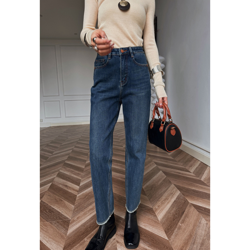 Cat Realm True Straight Leg Versatile Stretch Classic Washed Blue High-Waisted Slimming Nine-Point Frayed Hem Baguette Jeans