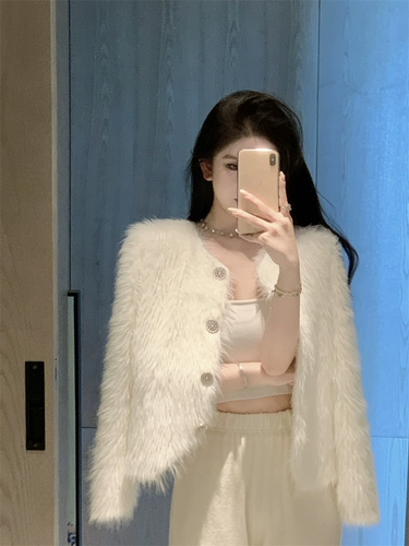 Белый бархатный лонгслив, весенняя куртка, короткий кардиган, искусственный мех, коллекция 2023, подходит для подростков, оверсайз, изысканный стиль