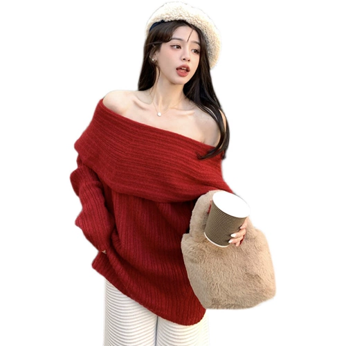 Сексуальный свитер, зимний дизайнерский красный трикотажный лонгслив, открытые плечи, тренд сезона