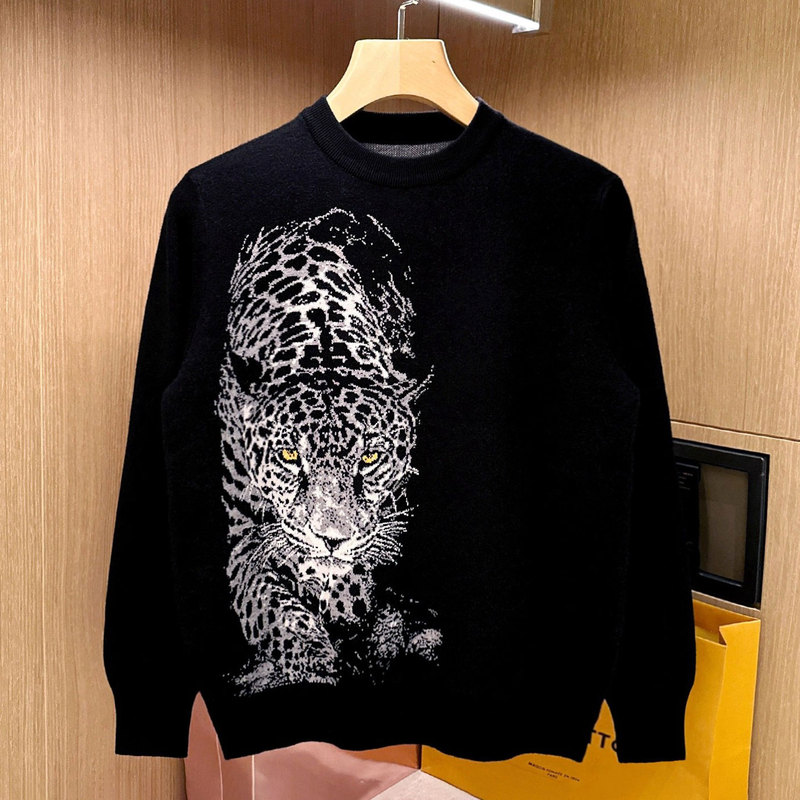 Musonmu Trendy Brand Cheetah Jacquard Knitwear Men's Autumn and Winter Long-Sleeved Warm Top Round Neck Pullover Knitwear