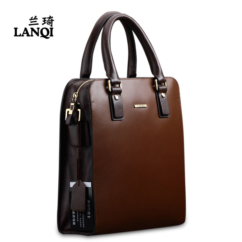 Lanqi Men's Bag Men's Business Handbag Fashion Whole Cow Leather Briefcase Diagonal Cross Single Shoulder Bag Vertical brown