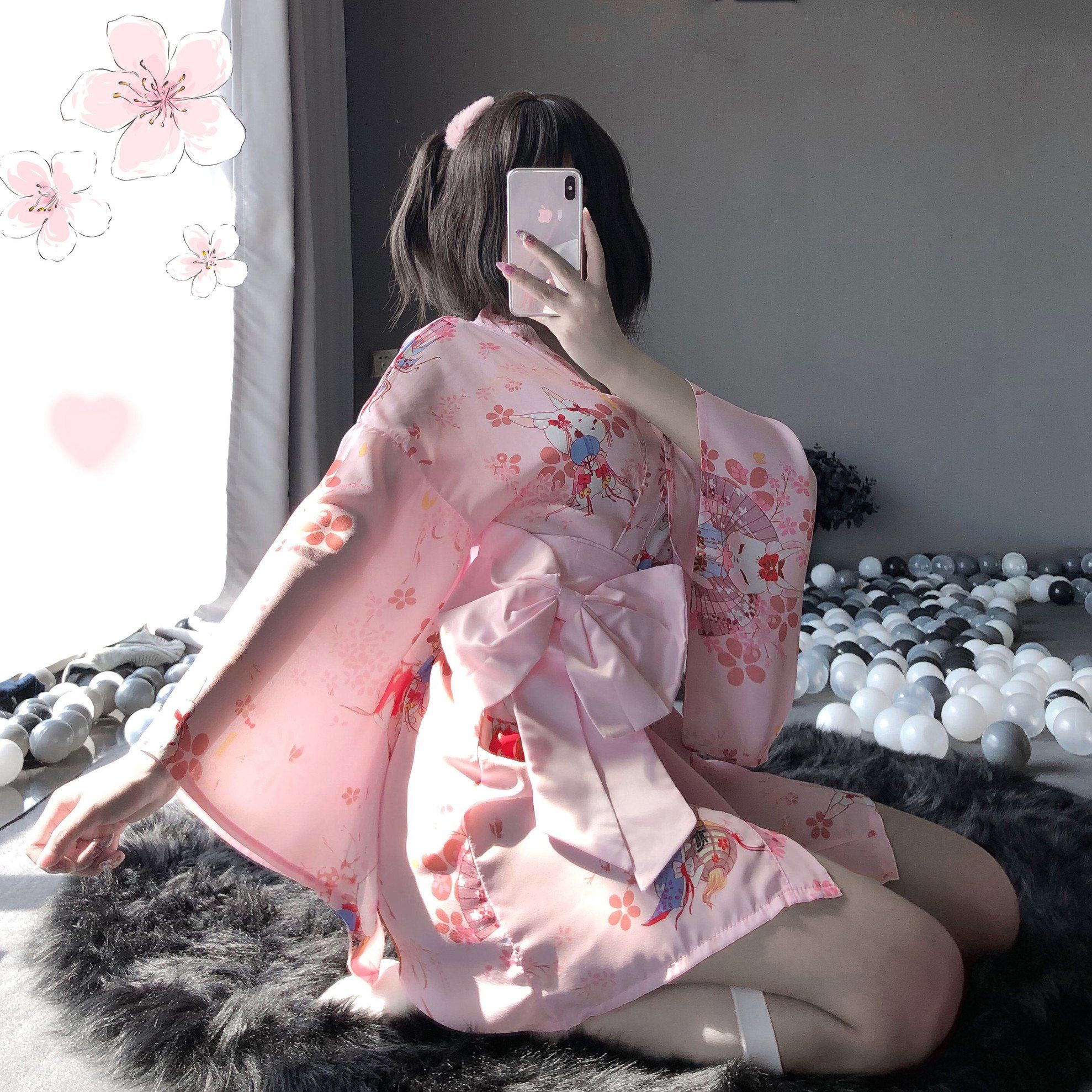 Japanese kimono cos cute anime cherry cat girl ancient style yukata big bow waist seal temptation home service