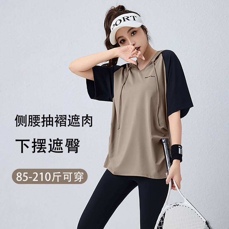 Plus Size Short-Sleeved Sports Top for Women, Quick-Drying Hooded T-Shirt, Loose and Breathable, Running, Playing Ball, Yoga and Fitness Clothing Set