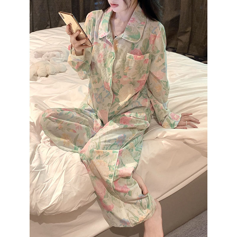 Hit at a glance~Chao Advanced OLOEY Ink Painting Pajamas Women's Advanced Sense Floral Spring and Autumn Suit Home