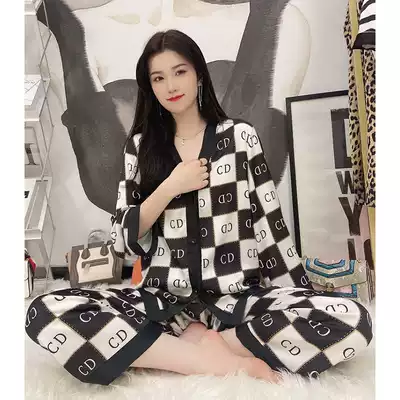 Fashionable essence should also keep the shape at home ~ OLOEY high-grade black and white silk pajamas female spring and autumn suit