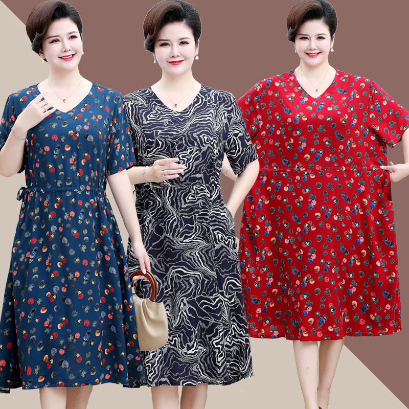 Middle-Aged and Elderly Women's Cotton Silk Plus-Size Summer Dress, Loose-Fitting Home Dress for Elderly Women, Stylish Clothes for Mothers-In-Law