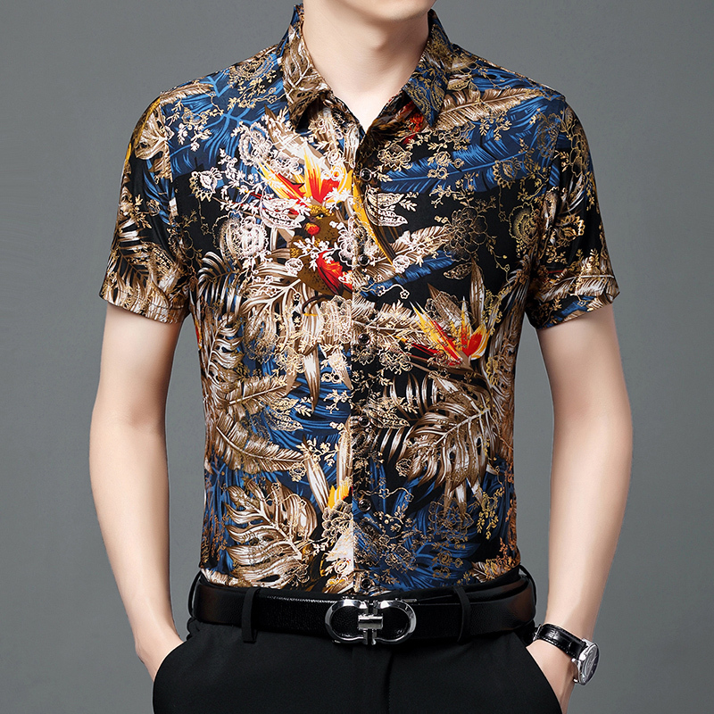 Summer New Style Middle-Aged Men's Ice Silk Short-Sleeved Floral Shirt Men's Mulberry Silk Floral Gold-Stamped Shirt Loose Thin Trendy Style