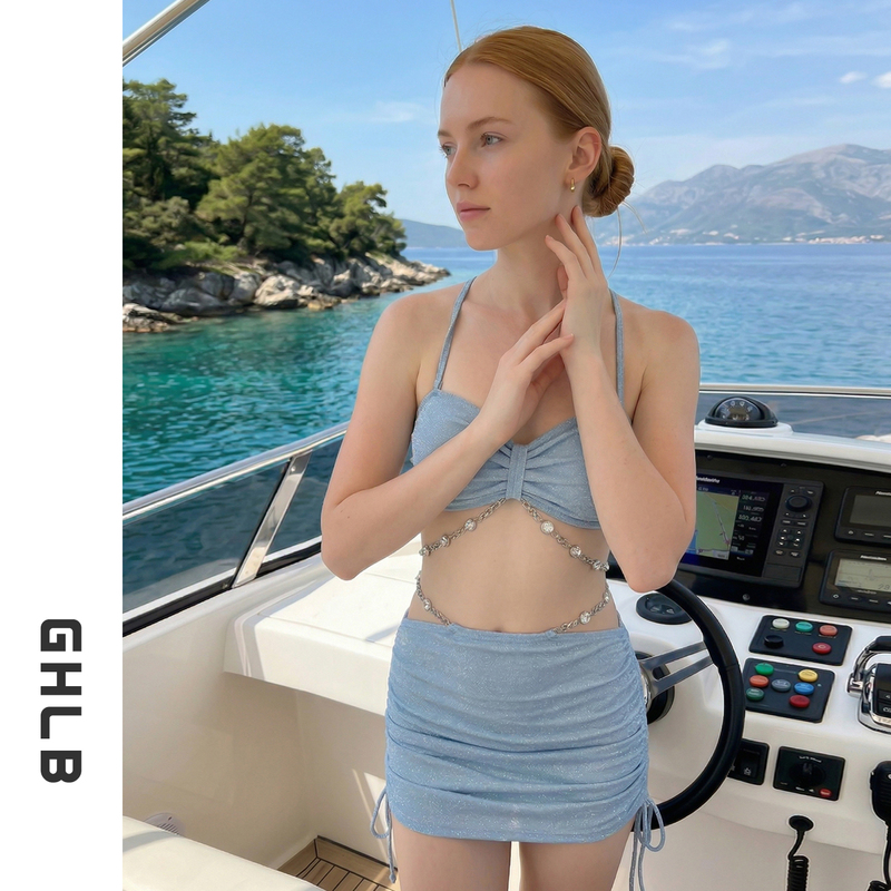 Ghlb Blue Resort-Style Halter Bikini Women's Two-Piece Swimsuit with Cutout Waist Chain Decoration Seaside Set