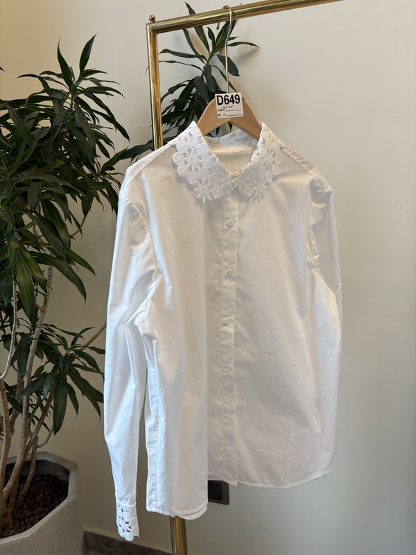 Pure Cotton Stiff Lace Collar Silk Shirt, Non-Returnable0