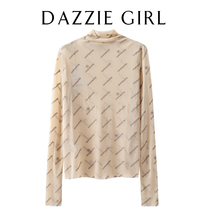 CWJ2021 spring new all-match thin turtleneck letter embroidery mesh bottoming shirt lace top female