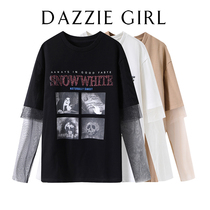 Mesh sleeve fake two-piece T-shirt women CWJ2020 autumn new loose all-match printed sequin embroidered sweater