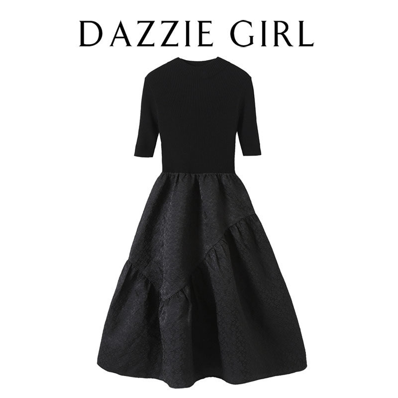 cwj2022 spring vintage versatile slim waist knit paneling mid-length puff skirt dress women's umbrella skirt Harbor style