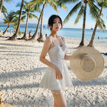 White skirt small chest gathered swimsuit female long skirt fairy fan net red one-piece swimsuit Korean ins bikini
