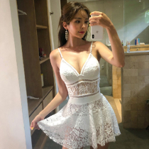 South Korea 2020 new conservative belly cover thin lace one-piece swimsuit skirt female sense small chest gathered bikini