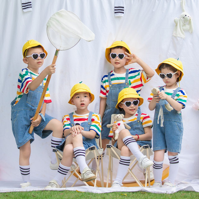 ເດັກນ້ອຍ Denim Overalls Shorts Summer Rainbow Stripe T-Shirt Kindergarten Uniform Graduation Photo Six Day Performance Costume