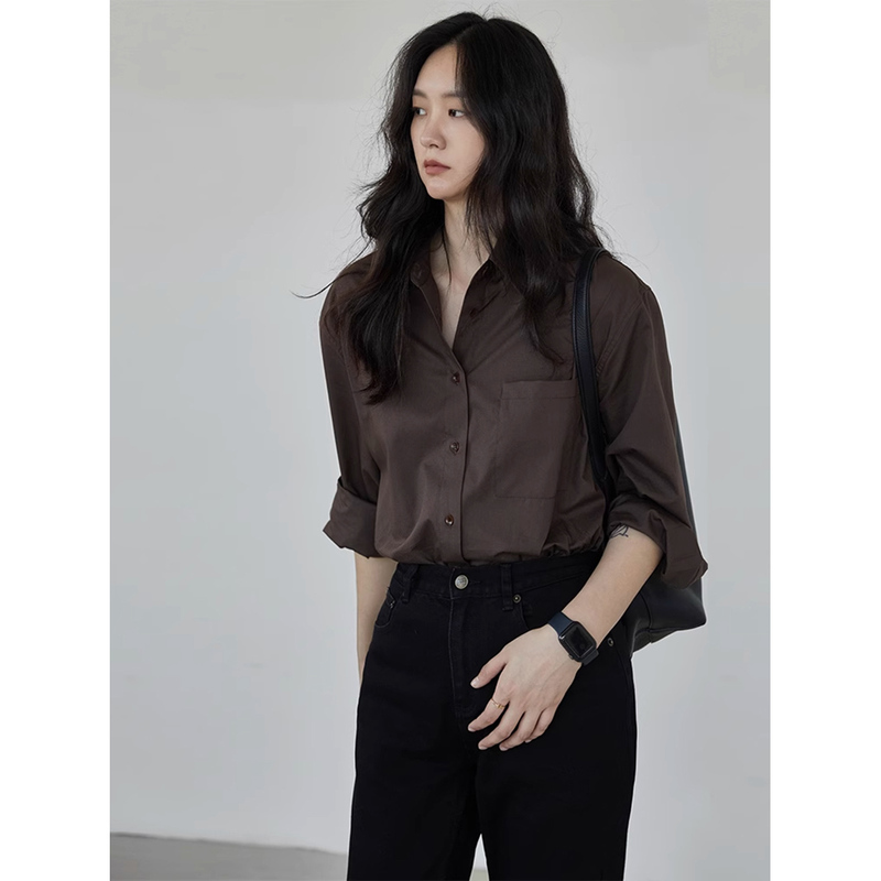 Silky Brown Chocolate Shirt for Women, High-End, Fashionable and Stylish, Spring Shirt, Autumn and Winter Layered Jacket Top
