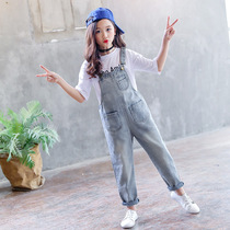 Girls Bib pants Big virgin schoolboy jeans Female 10-year-old girl summer childrens clothing summer 2021 Korean version