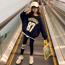 Girls sweater 2021 spring new style plus velvet foreign style Korean version of the big childrens suit spring fashionable loose Korean childrens clothing