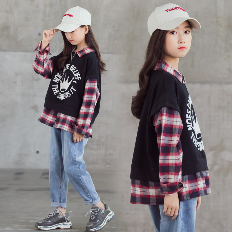 Girls' thick T-shirts Korean version of the trendy children's tops Western style fashion net red big children's women's spring new fake two-piece shirts