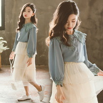 Girl Shirt Han Edition Foreign Air Trendy Girl Clothing Girl 2022 Spring A Little Girl Shirt Snowspun Lace Blouse