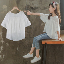 Girls snowspun blouses blouses children short sleeves 2022 Summer clothes new Korean version CUHK Scout Relaxed Thin summer